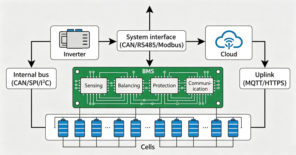 Bms technology diagram with three communication layers between cells, the BMS, inverter and cloud
