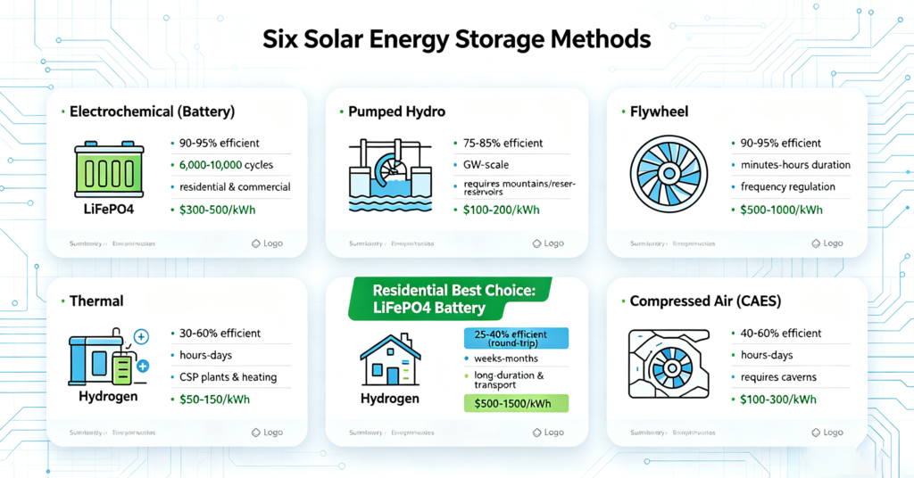 Six solar energy storage methods comparison infographic showing electrochemical battery, pumped hydro, flywheel, thermal, hydrogen and compressed air with efficiency, duration and cost for each