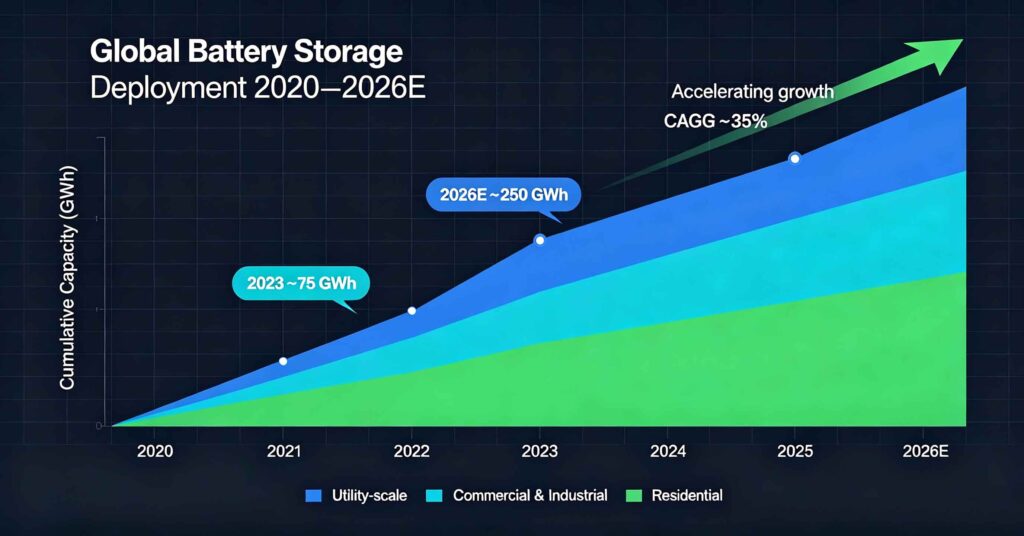 Global energy storage deployment growth chart showing 2020-2026 cumulative capacity by utility, commercial and residential segments