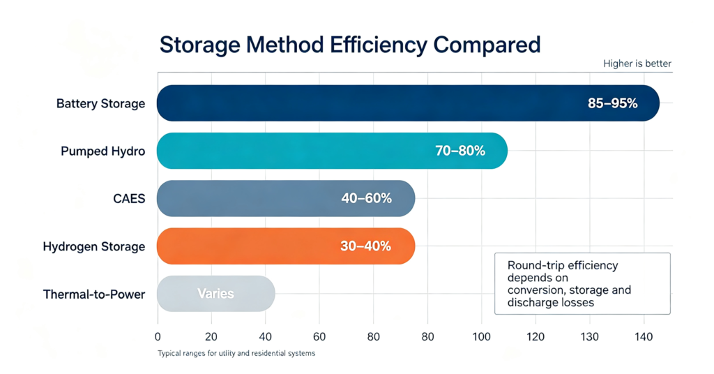 Round-trip efficiency comparison of solar energy storage methods