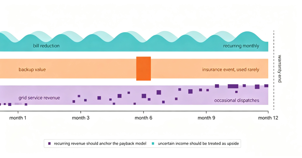 BESS revenue model comparing recurring bill savings with occasional grid services