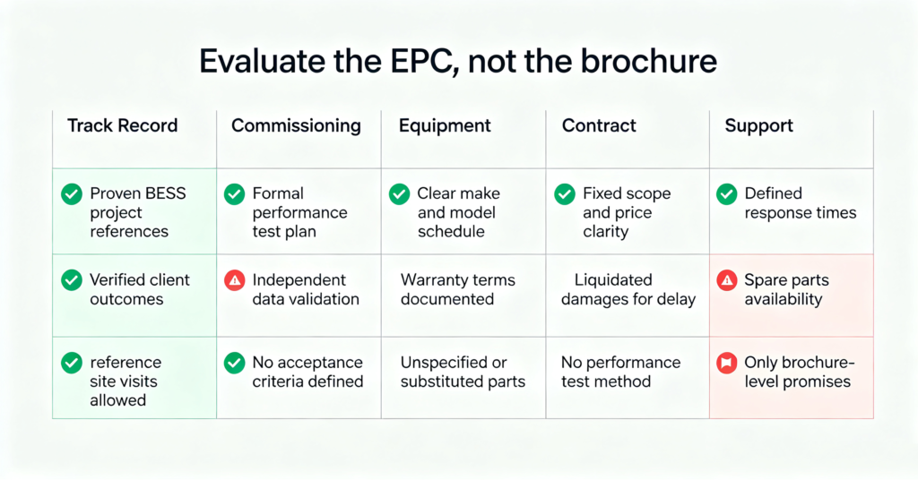 Checklist of red flags and must-ask questions when evaluating a BESS EPC