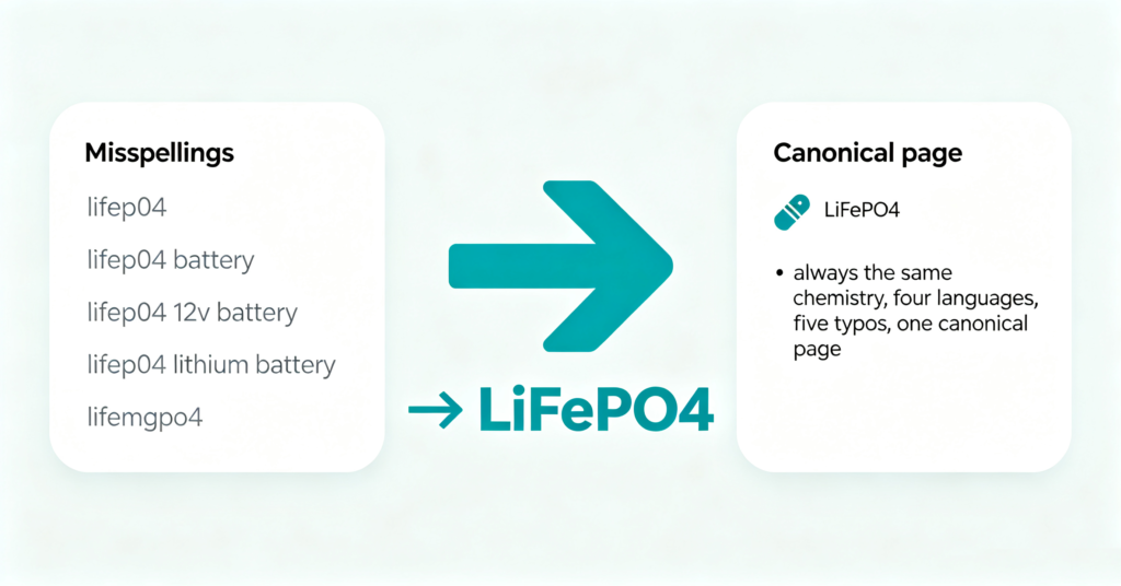 Common misspellings of LiFePO4 battery such as lifep04 and lifemgpo4 redirect to the canonical page