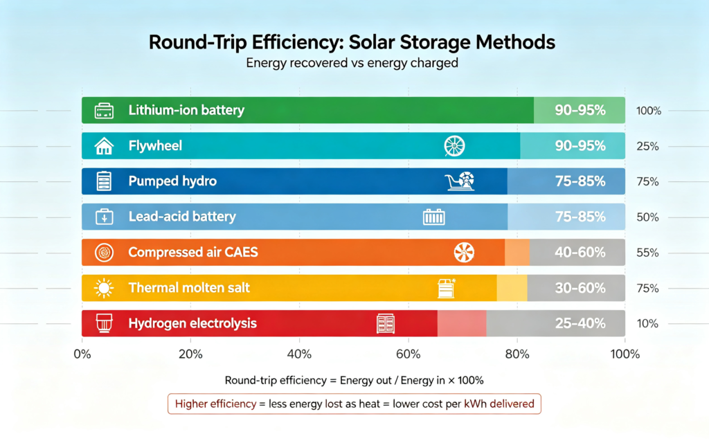 Solar energy storage round-trip efficiency comparison bar chart showing lithium-ion 90-95%, flywheel 90-95%, pumped hydro 75-85%, lead-acid 75-85%, CAES 40-60%, thermal 30-60%, hydrogen 25-40%