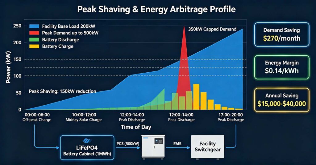 C&I peak shaving energy arbitrage 24-hour diagram: battery discharges at peak demand and charges off-peak