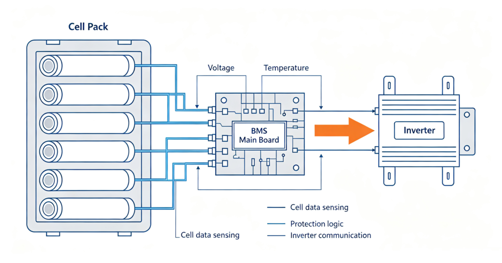 Diagram of a battery management system monitoring cells and talking to the inverter