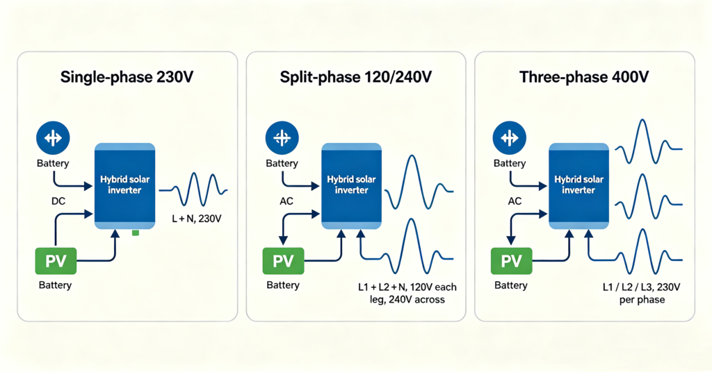 Single, split-phase and three-phase hybrid solar inverter outputs compared on one panel