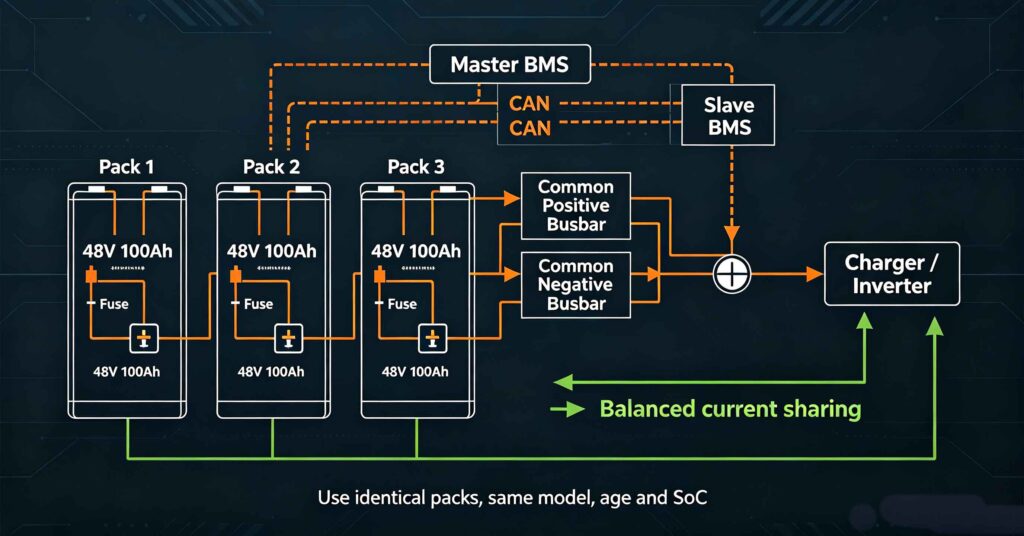 Parallel battery packs wiring diagram showing three identical LiFePO4 packs connected with individual fuses, common busbars and master-slave BMS coordination