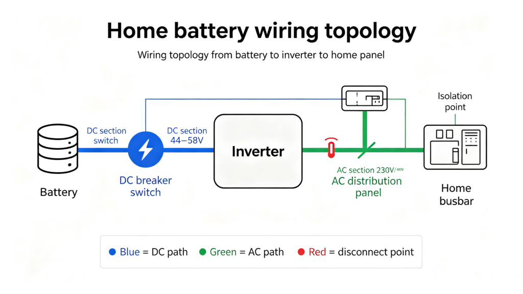 Wiring topology from battery to inverter to home panel 56 字符 ✓（<125）TitleHome battery wiring topology