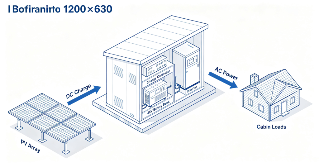 Off-grid solar system diagram with panels, charge controller, battery bank and inverter