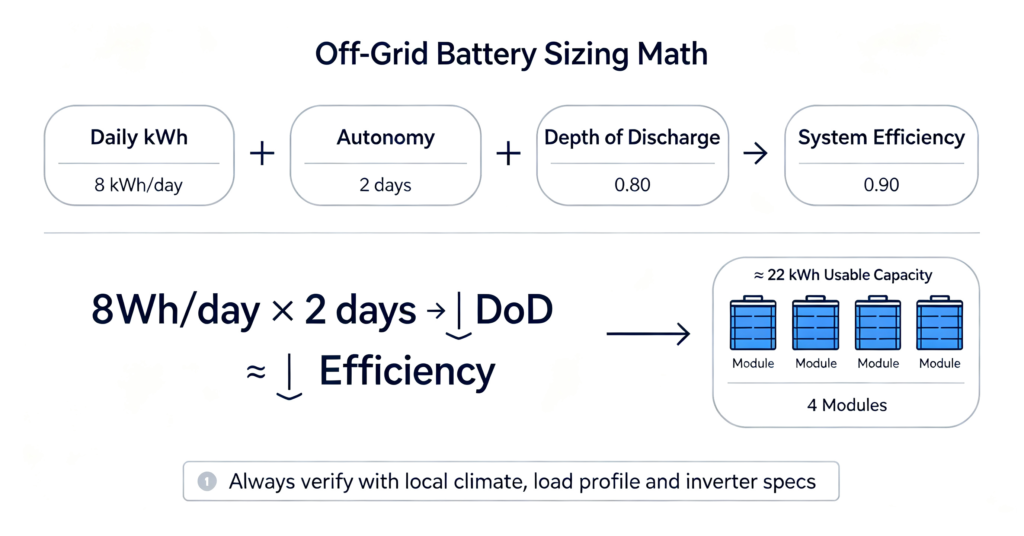 Off-grid battery bank sizing formula with worked example