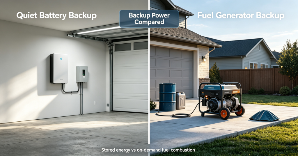 Wall-mounted home battery compared with a fuel generator for backup power