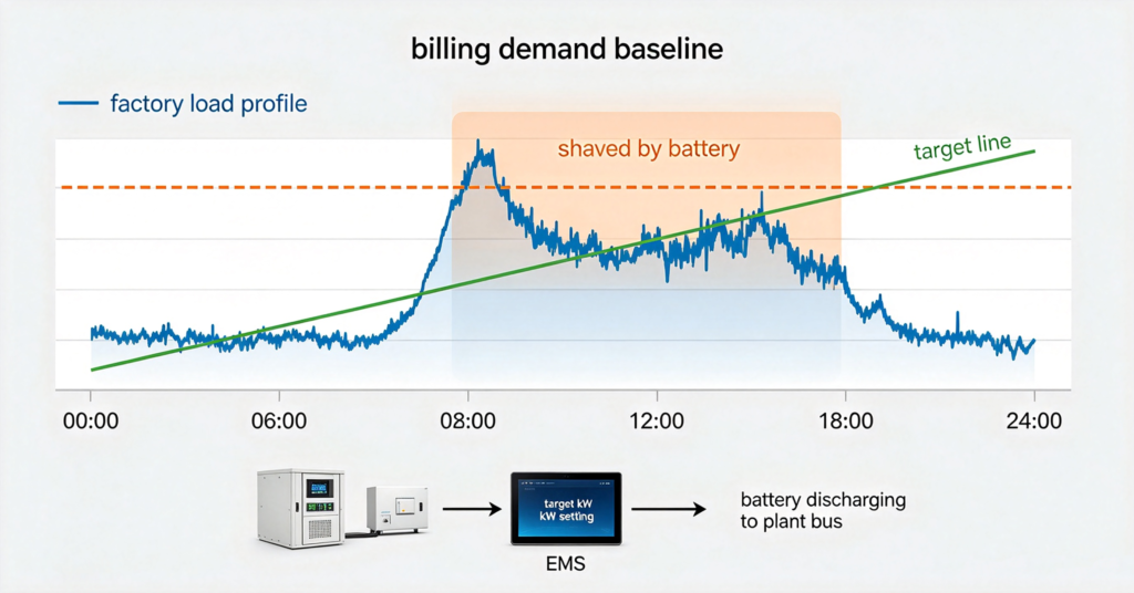 Peak shaving load curve with battery discharging during demand spike
