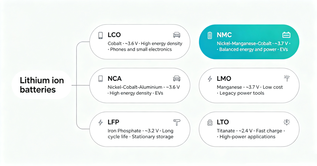 Family tree of lithium ion battery types grouped by cathode chemistry with best-fit uses