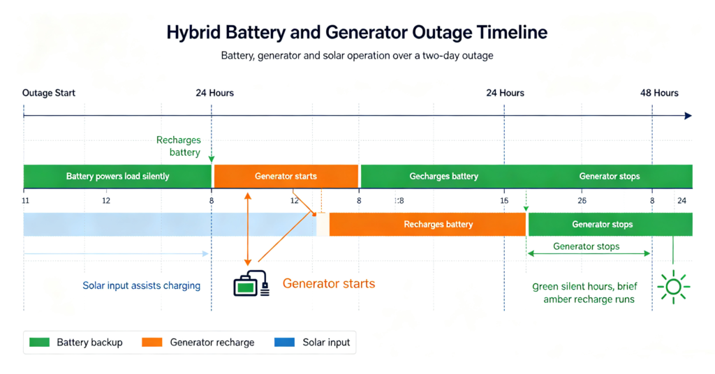 Timeline of a hybrid backup system cycling between battery and generator during an outage