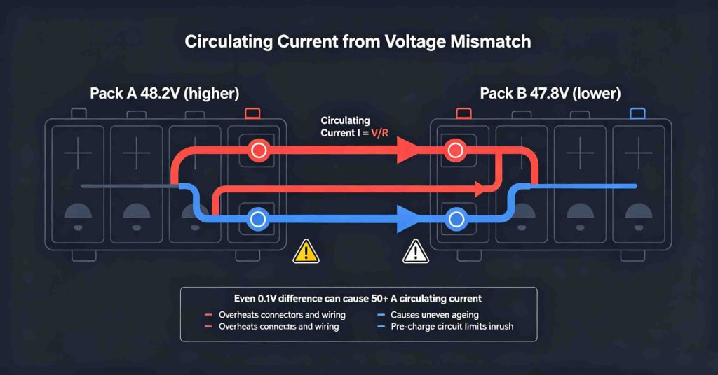 Diagram showing circulating current between two parallel battery packs caused by voltage mismatch with current flow arrows