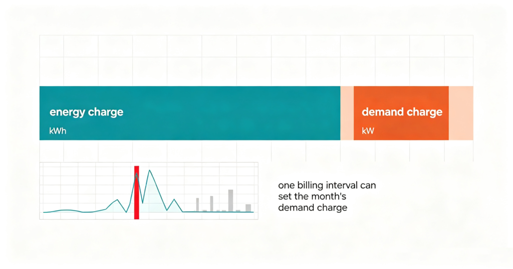 Commercial electricity bill split between energy charge and demand charge