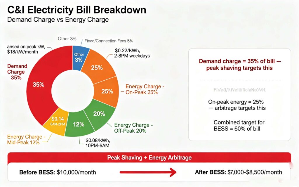 C&I peak shaving energy arbitrage bill breakdown: demand charge 35%, on-peak 25%, off-peak 20