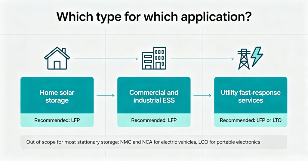 Chart matching energy storage applications to the recommended lithium ion battery type