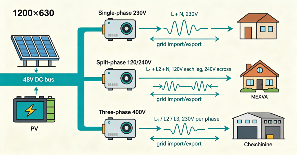 Same PV and battery fed into single, split-phase and three-phase hybrid solar inverter outputs