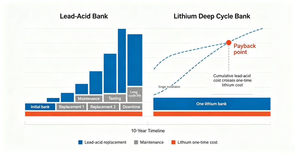 Cumulative ten-year cost diagram of lead-acid replacements versus one lithium battery