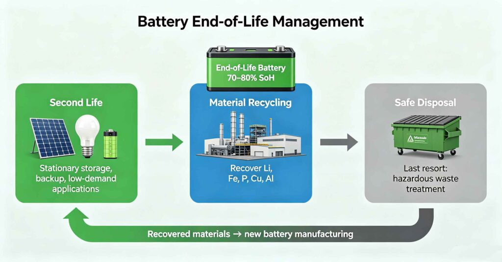 Battery second life recycling circular economy diagram showing three paths for retired LiFePO4 batteries: second-life reuse, material recycling and safe disposal with recovered materials returning to manufacturing
