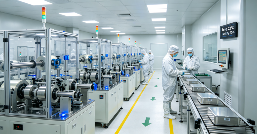 Battery cleanroom interior with automated winding machines and operators in full suits