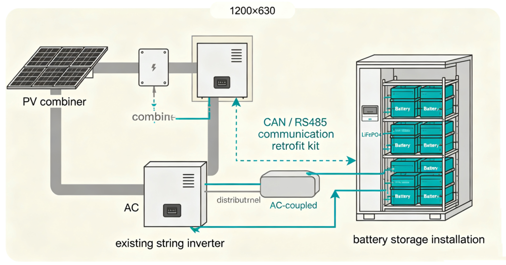 Battery storage installation retrofit adding a battery to an existing string inverter via AC coupling