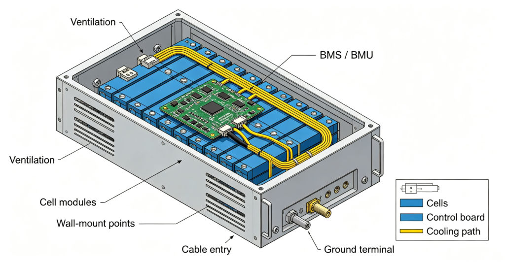 Cutaway of a wall-mounted solar battery enclosure with cells and BMS