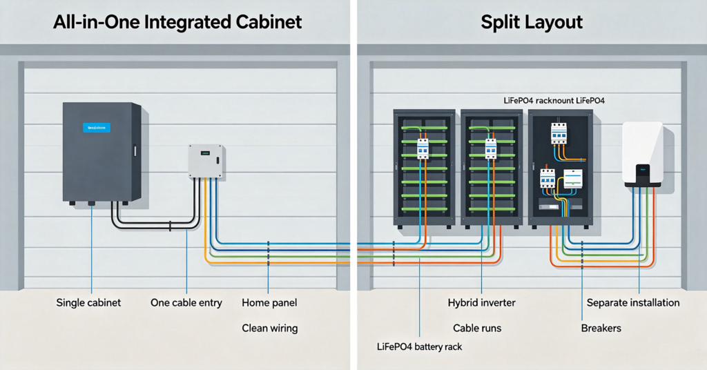 Integrated energy storage cabinet compared with a separate battery and hybrid inverter setup
