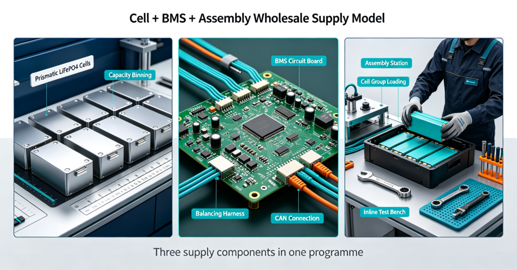 Lithium cells, BMS board and battery pack assembly station from one supply programme