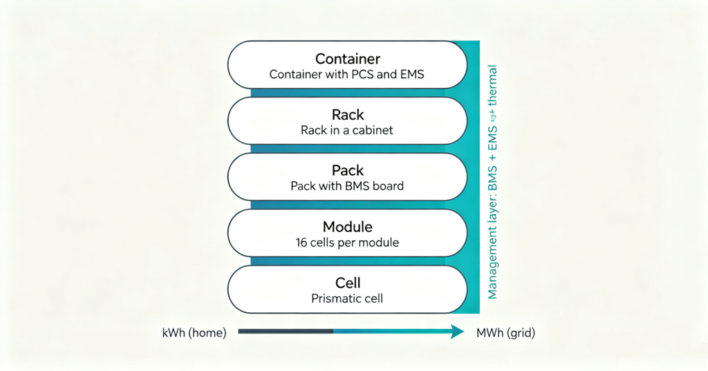 Diagram showing how lithium ion battery storage stacks cells into modules, packs and containers
