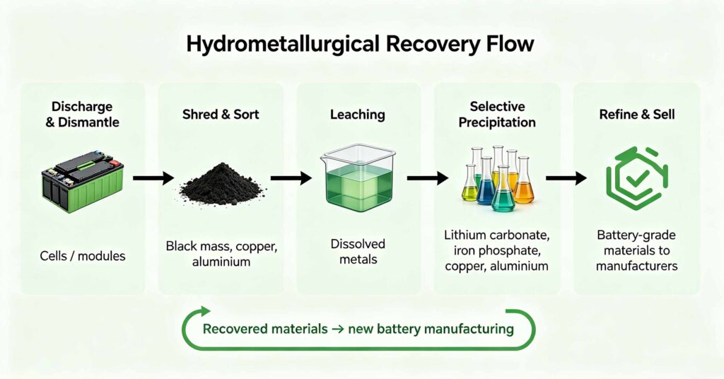 Process flow diagram showing hydrometallurgical recycling of LiFePO4 batteries through discharge, shred, leach, precipitate and refine stages