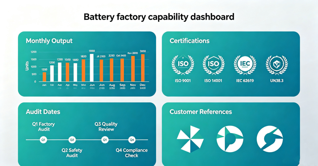 tFactory capability dashboard showing monthly output, certifications, audit dates and references