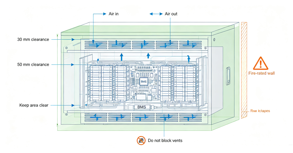 Battery enclosure ventilation and clearance