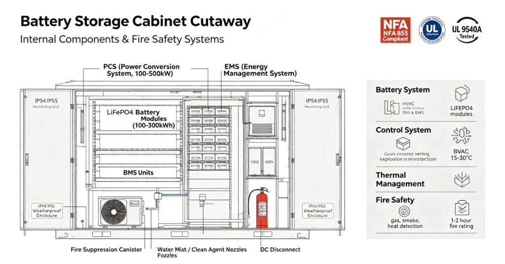 NFPA 855 battery cabinet separation distance site plan diagram showing 10ft to property line, 10ft to building opening, 3ft to fire-rated wall, 5ft to egress, with UL 9540A reduction options