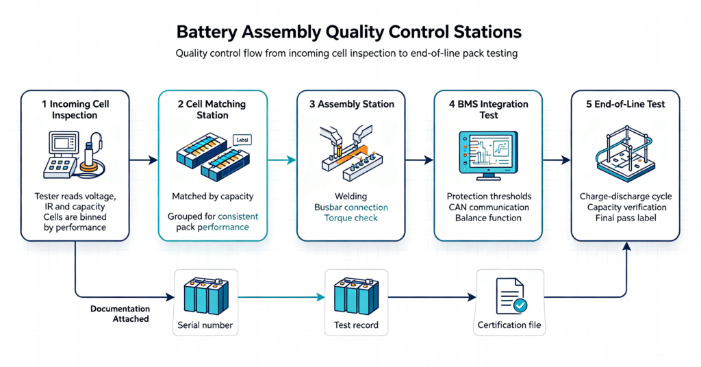 Quality control flow from cell inspection to end-of-line testing in battery assembly