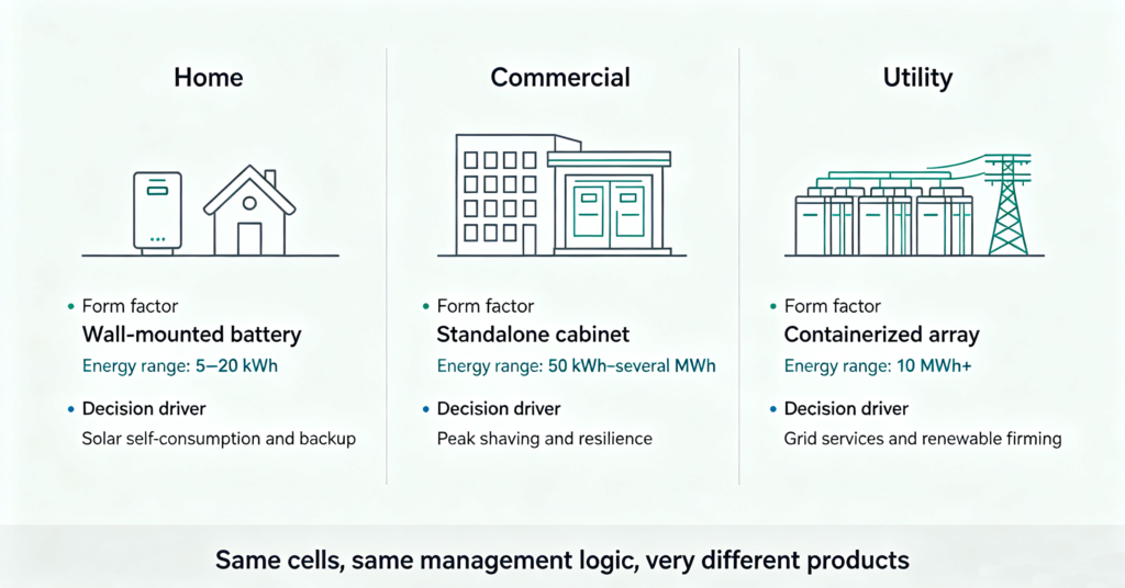 Comparison of home, commercial and utility lithium ion battery storage scales and form factors