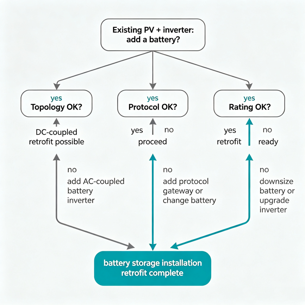 Decision tree for a battery storage installation retrofit checking topology, protocol and rating