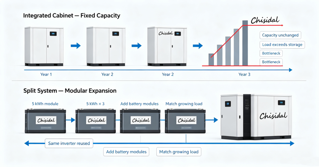 How a modular split battery bank expands in steps while an all-in-one cabinet does not