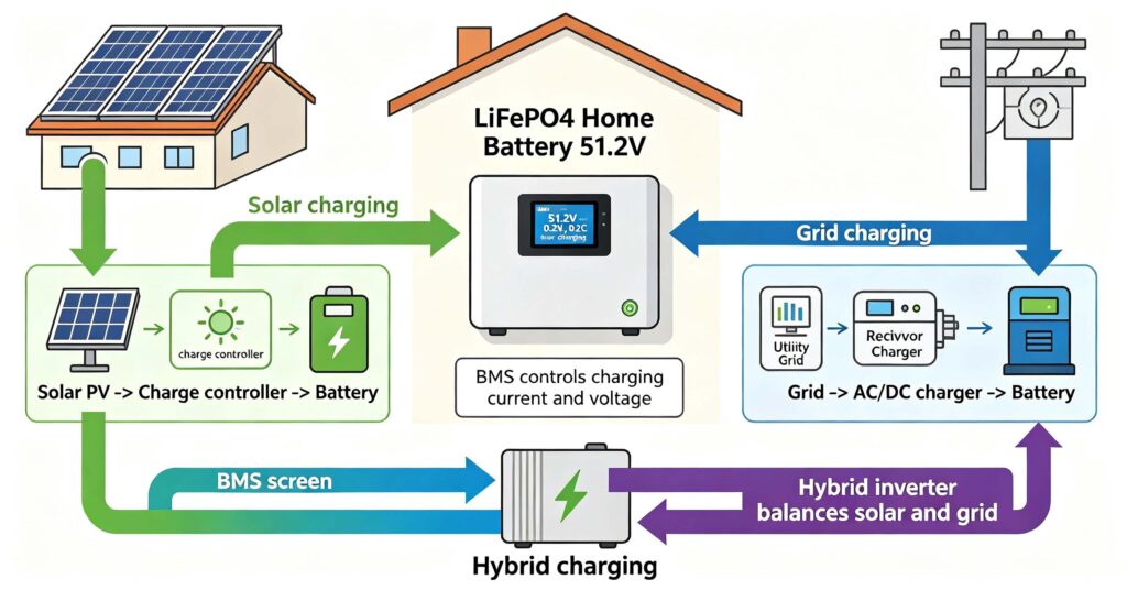 Home battery charging diagram: solar, grid and hybrid inverter charging paths into a 51.2V LiFePO4 battery