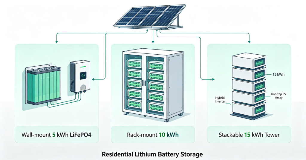 Three forms of residential lithium battery storage paired with rooftop solar