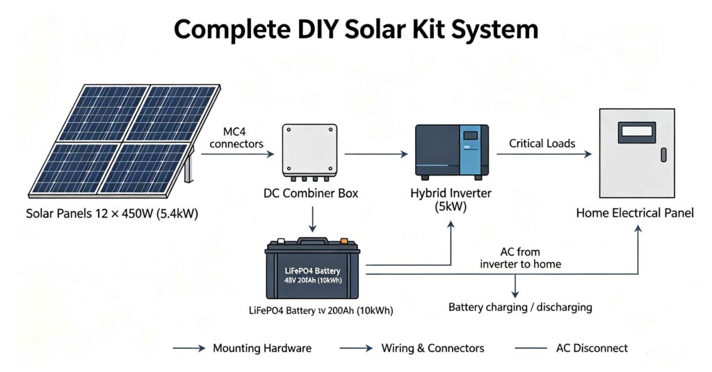 Complete DIY solar panel kit system diagram showing solar panels, hybrid inverter, lithium battery and home electrical panel with power flow arrows