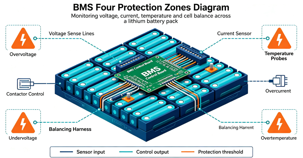 BMS monitoring voltage, current, temperature and cell balance across a lithium battery pack