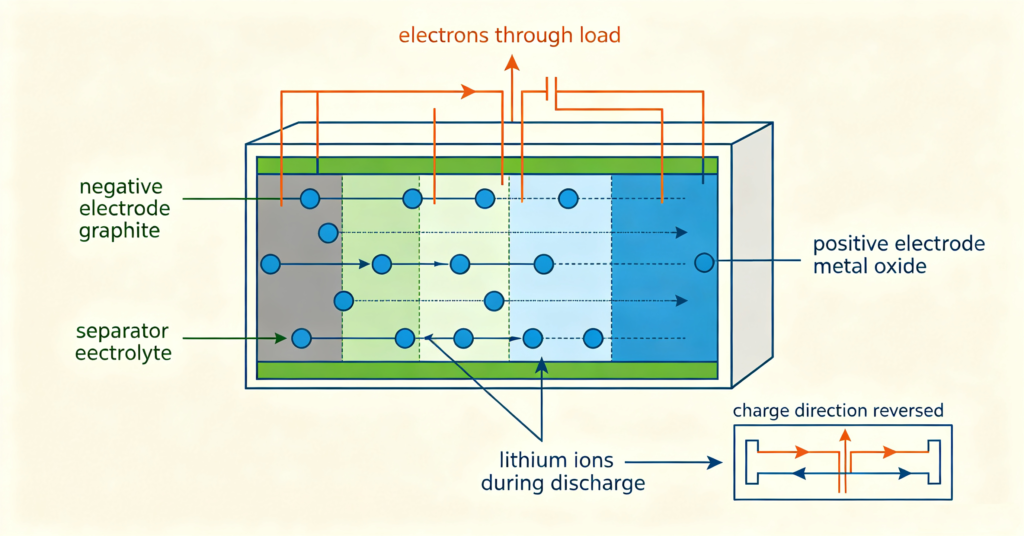 Diagram of lithium ion movement inside a battery cell during charge and discharge