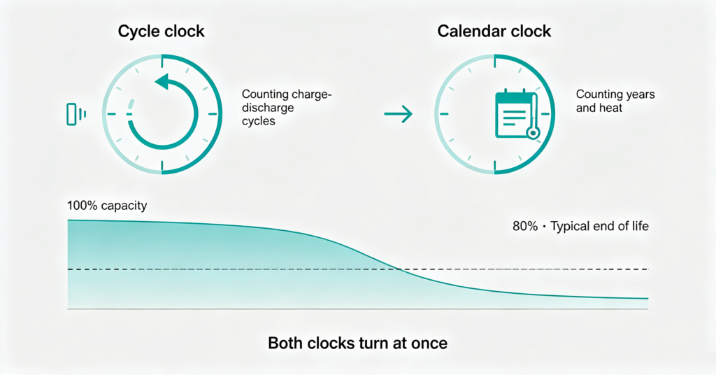 Diagram of cycle aging and calendar aging pulling down lithium battery capacity over time