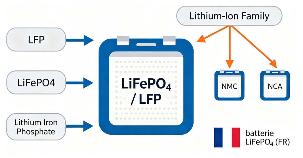 Diagram showing LFP, LiFePO4 and lithium iron phosphate as three names for one battery chemistry, with NMC and NCA as related types 1
