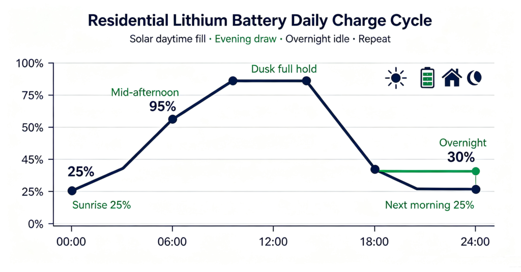 24-hour state-of-charge curve for a daily-cycled residential lithium battery