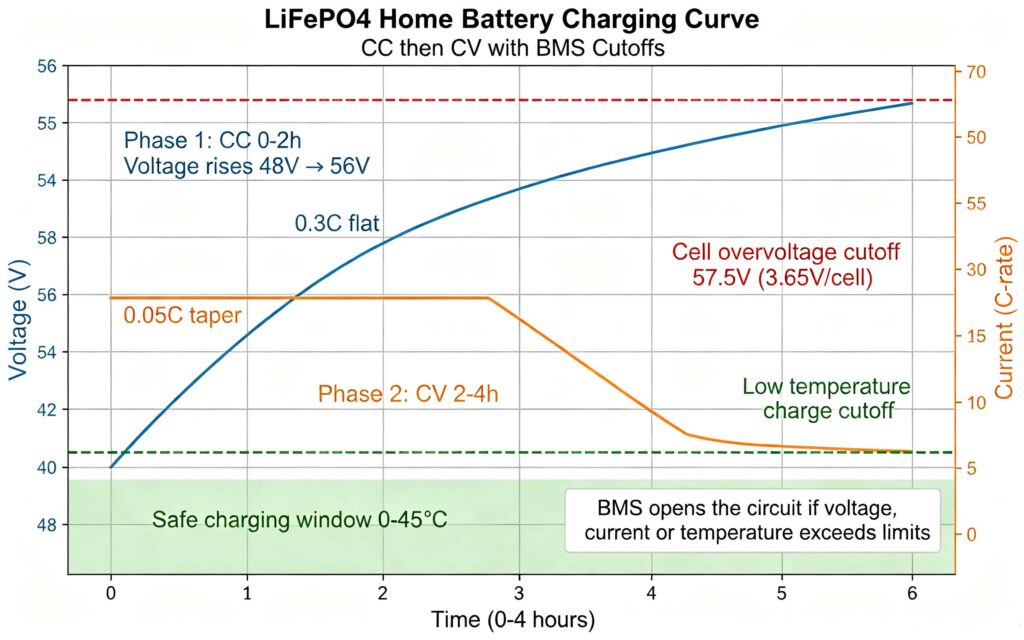 Home battery charging curve: constant current then constant voltage taper with BMS overvoltage cutoffs