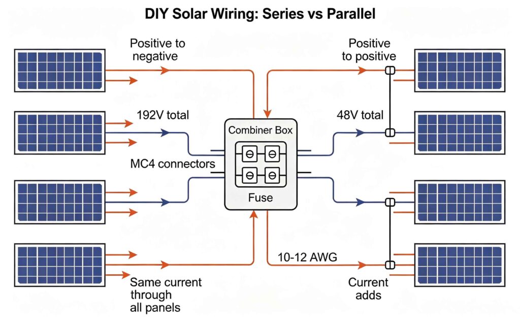 DIY solar panel series vs parallel wiring diagram showing four panels connected in series (192V) and parallel (48V) with MC4 connectors and combiner box